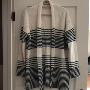 Cream open-front cardigan w/ dark gray stripes